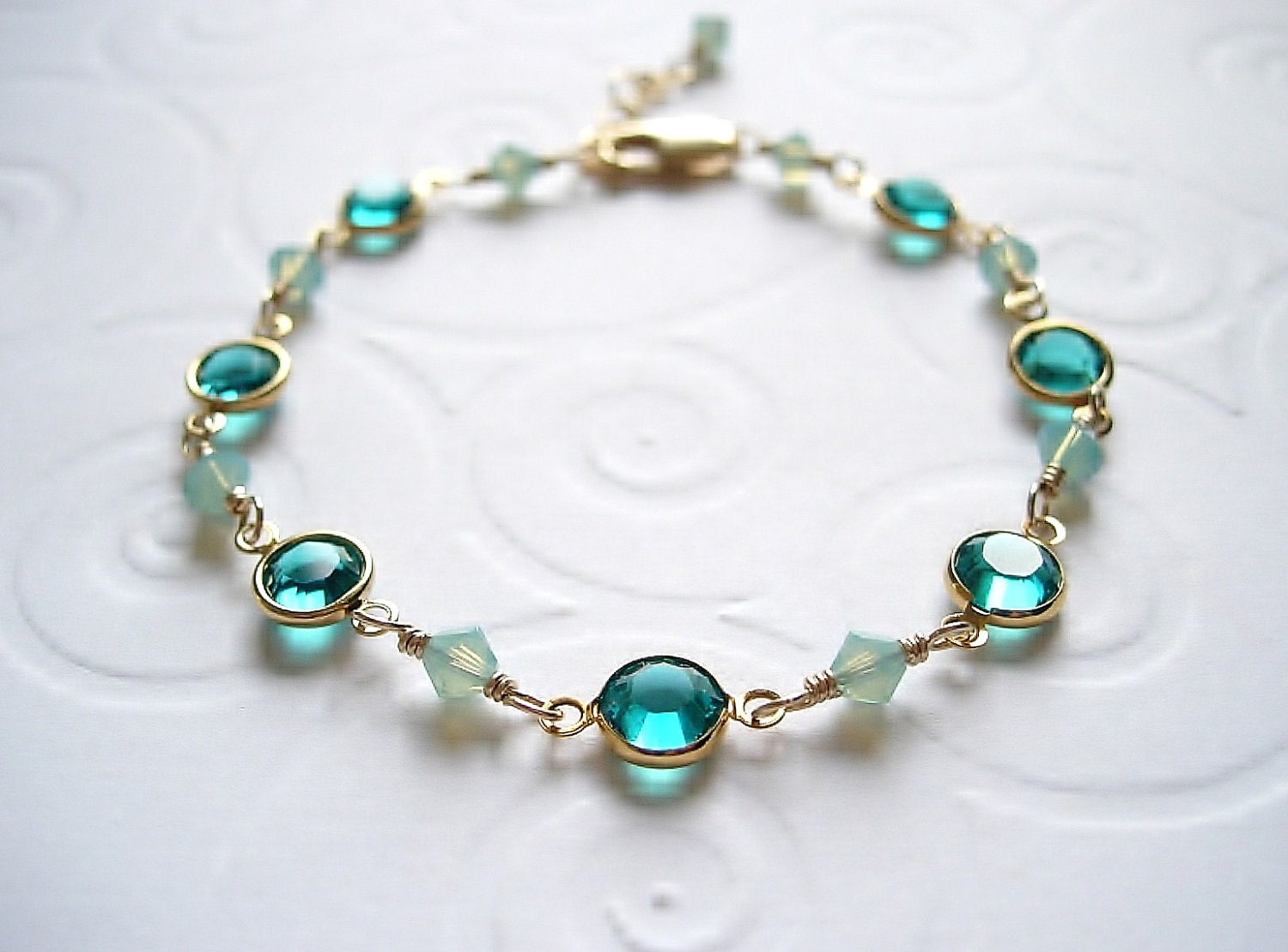 Swarovski Blue Zircon and Pacific Opal, Crystal Channel Link Bracelet, Gold Filled Wire Wrapped, Bridesmaid, Teal, Aqua, Caribbean Blue