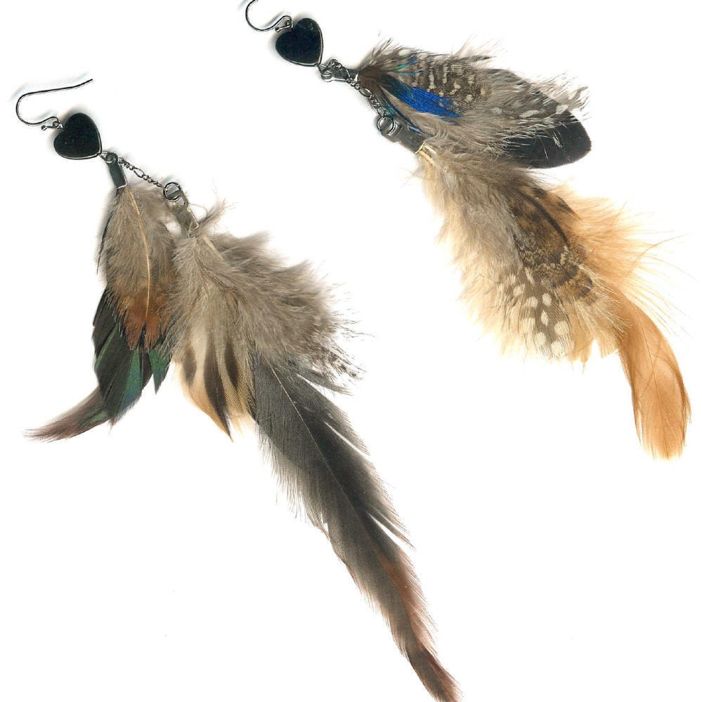 Double dangle feather earrings black agate heart
