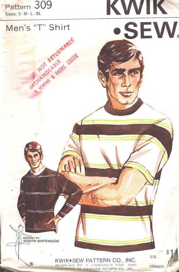 Kwik Sew Pattern 309 Mens T shirt Size Sall, Medium, Large, XL Uncut