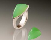 Fancy Apple Green Chrysoprase Tetra Ring, custom size, Green Triangle Cabochon Silver Cocktail Ring