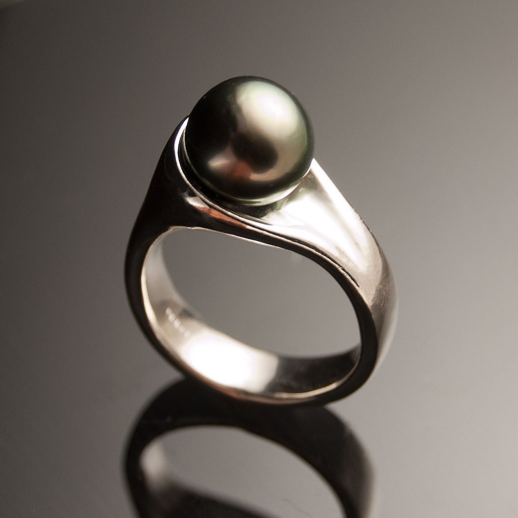 Tahitian Black Pearl Ring in Palladium, Modern Pearl Engagement Ring