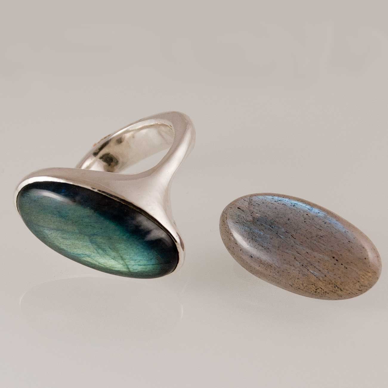 Gray Blue Labradorite Sterling Silver Ergo Ring  - Oval Gemstone Ring