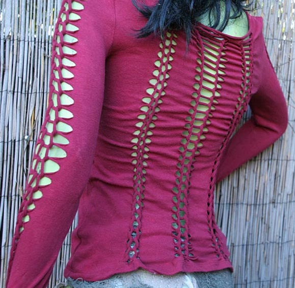 SALE The Brin Burgandy Wine Long Sleeve Post Apocalyptic Steampunk Goth Laddered Distressed Top