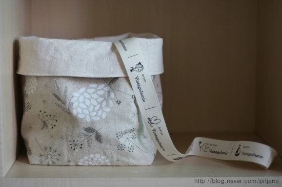 Fabric Basket - Natural Color Cotton Canvas and Oatmeal Grey Oriental Style Dandelion Pattern Linen