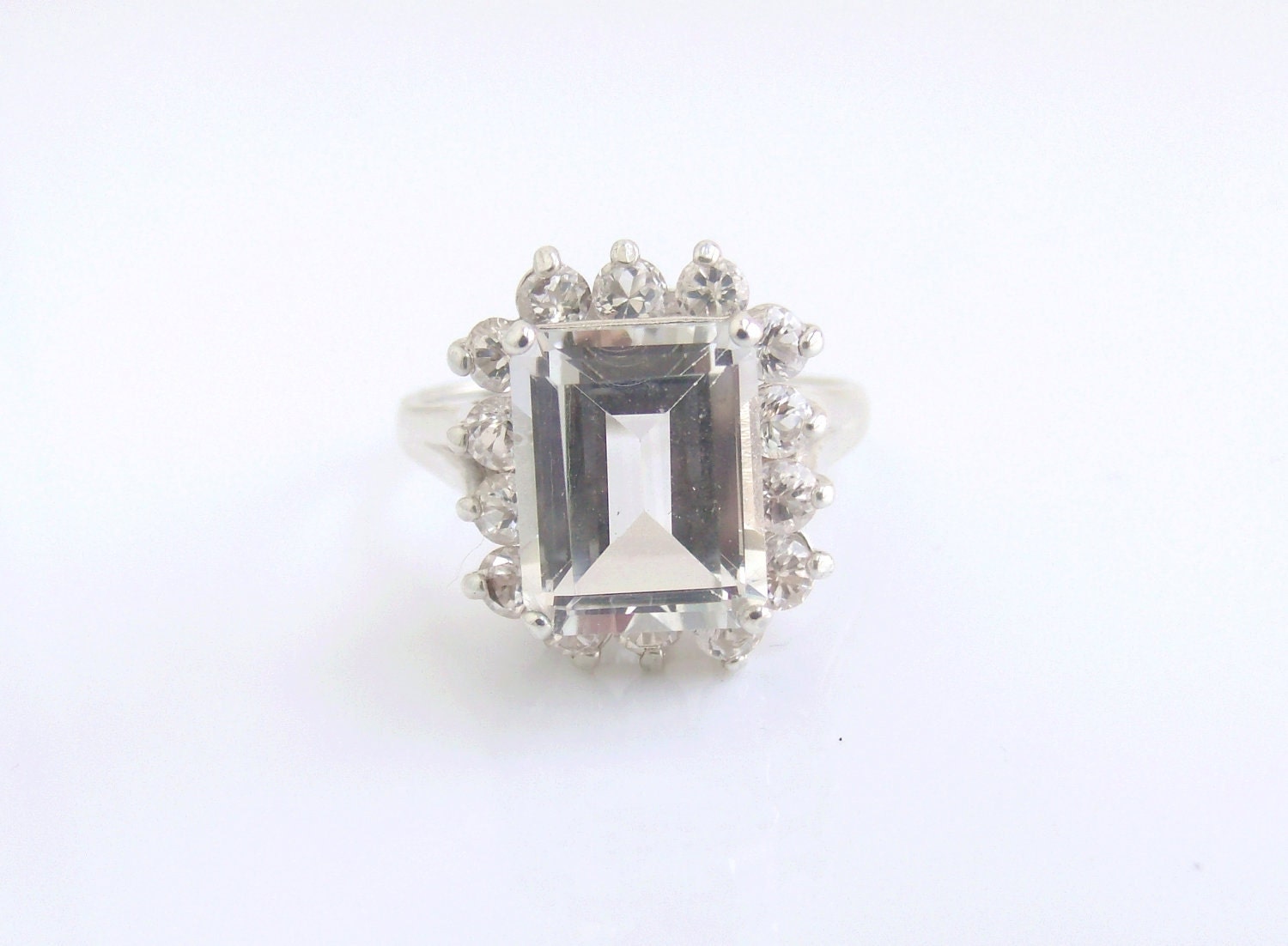 White Topaz Ring Emerald Cluster Sterling Silver April birthstone