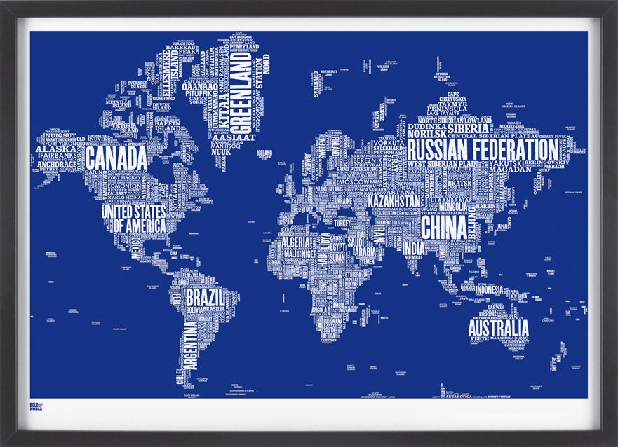 World Type Map in Reflex Blue - decorative screen print