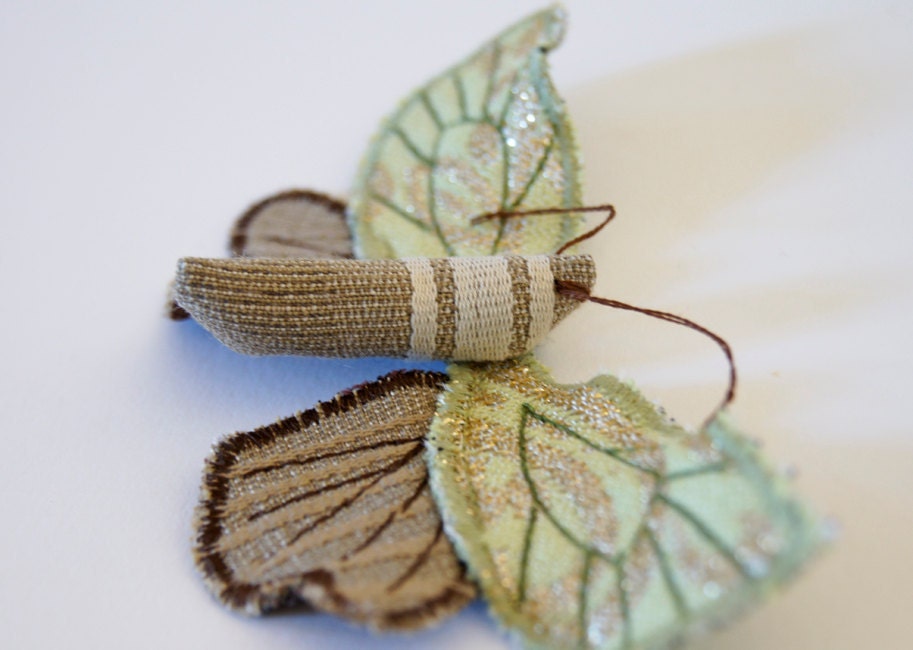 Soft Sculpture Tortricid Moth Brooch green vintage fabric metallic threads / Made to Order