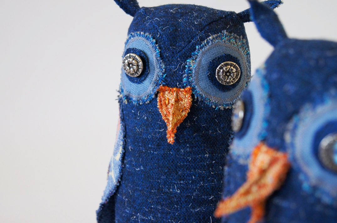 Soft Sculpture Bird Owl / Vintage Wool / Blue Night Owl / Made to Order