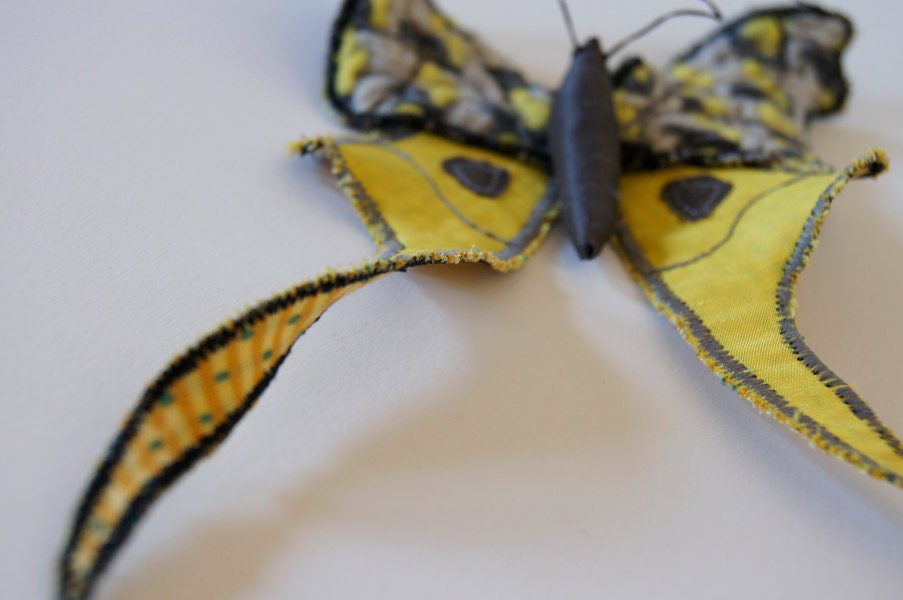 Fabric Moth Brooch / Tailed Saturniid / Vintage Wool and Satin / Last One in This Color