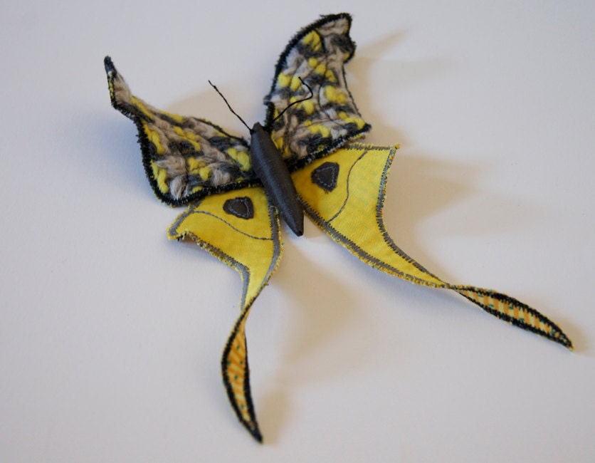 Fabric Moth Brooch / Tailed Saturniid / Vintage Wool and Satin / Last One in This Color