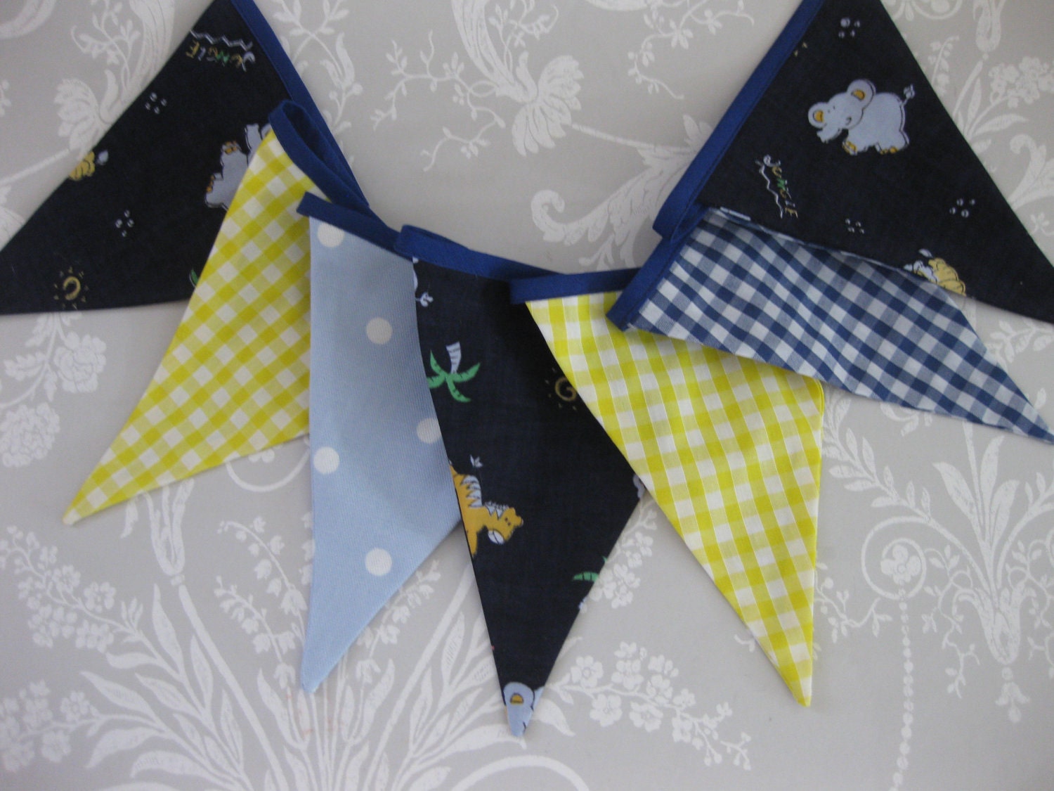 JUNGLE fabric Banner Bunting Yellow Blue Boy's Bedroom Birthday Party Celebration Photo prop Can Be Personalised Custom Made to order Il_170x135