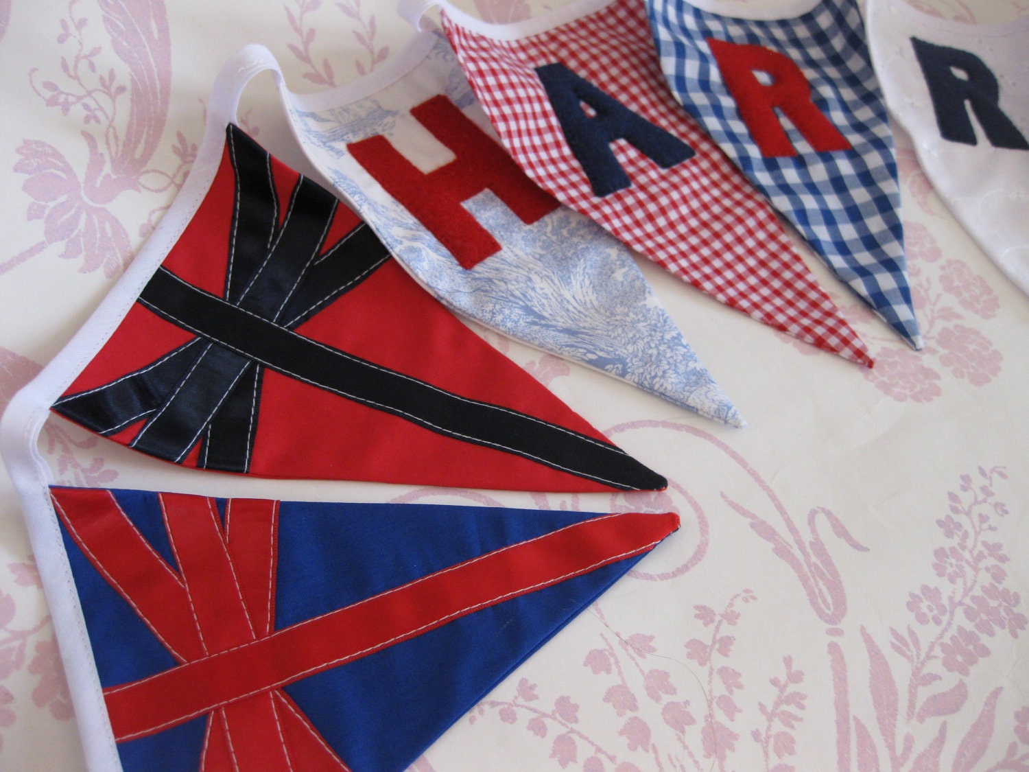 Boy's Union Jack Banner Bunting Handmade Personalised Laura Ashley Fabric Birthday Party or Celebration or Photo prop Custom Made to order
