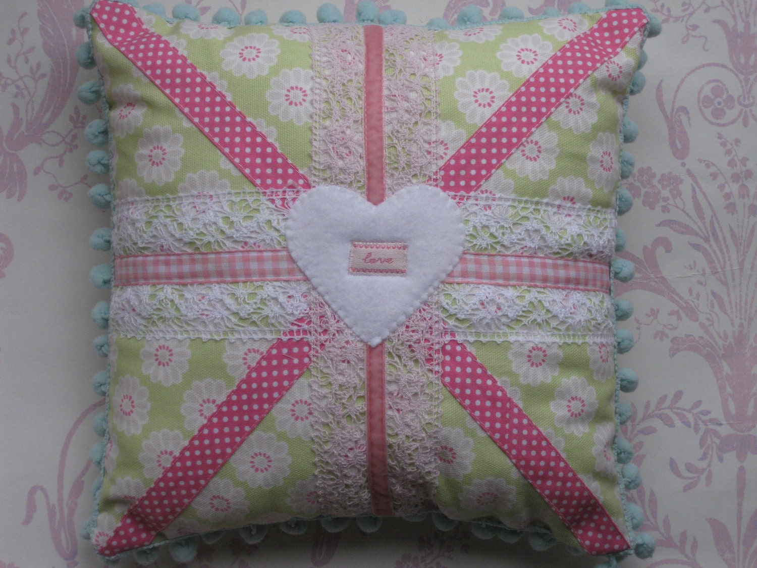 PASTEL UNION JACK Cushion Pillow with lace and ribbon applique - Custom Made To Order Il_170x135