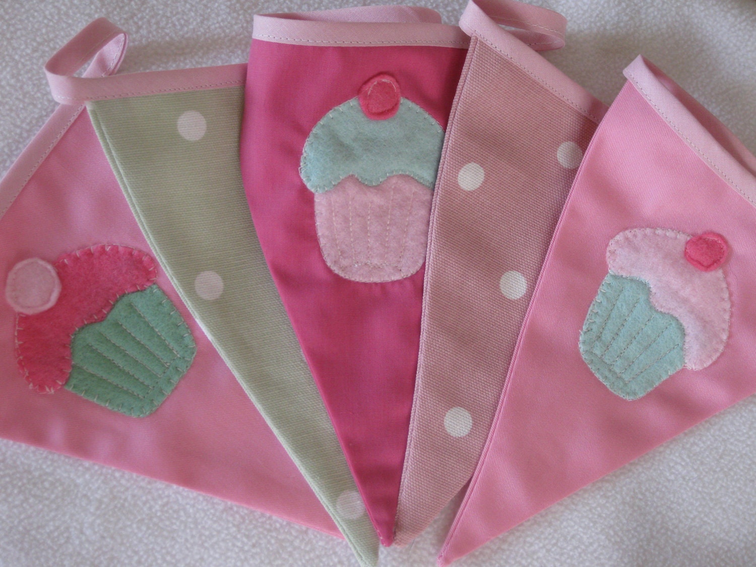 Cupcake Tea Party Banner Bunting Pink and Green Custom made ideal for a Birthday Party or Celebration or Photo prop Custom Made Il_570xn