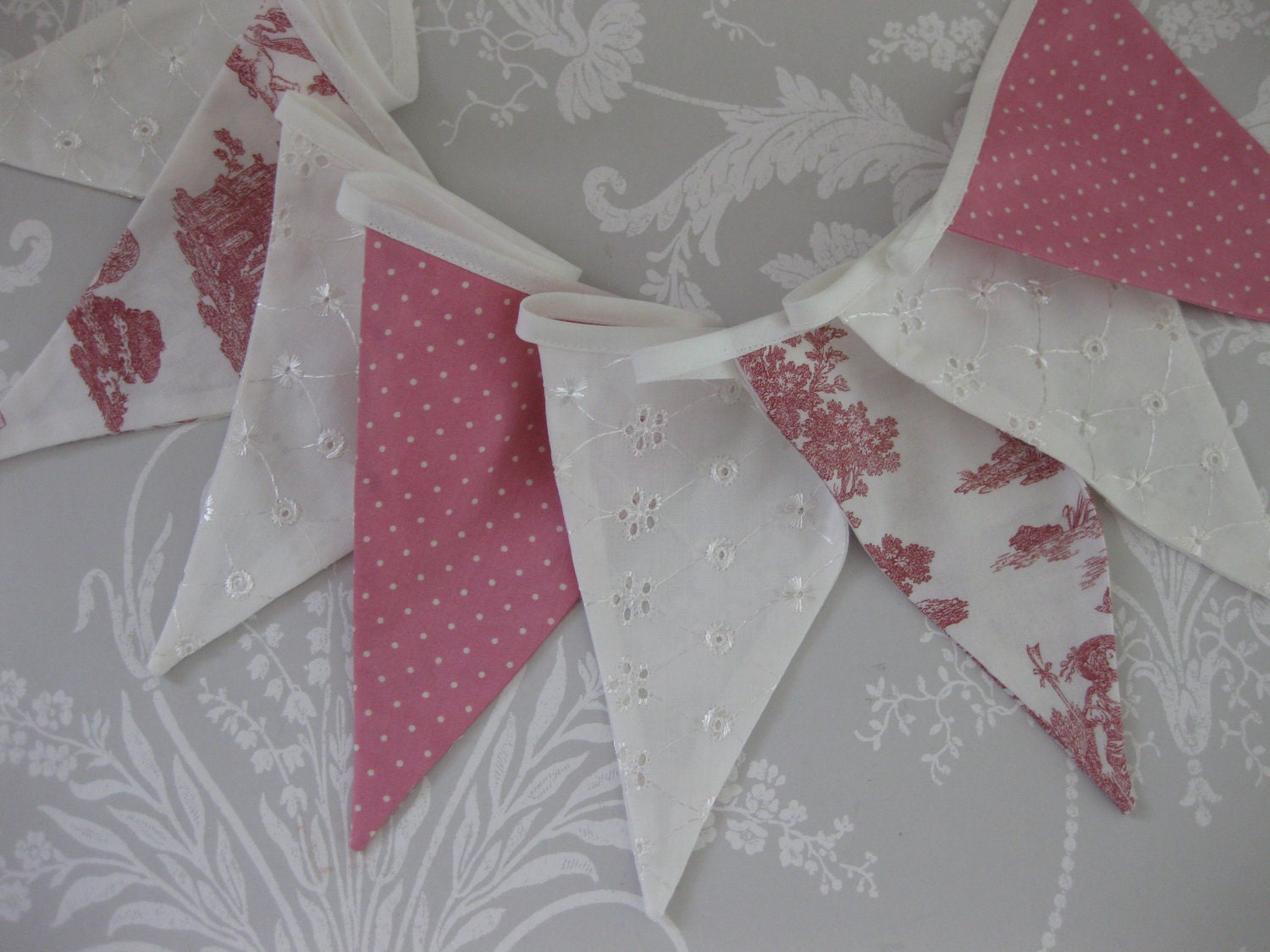 TOILE PINK Banner Bunting Flag with Laura Ashley fabric Nursery Baby Shower Wedding Party or Celebration Photo prop Custom Made to order