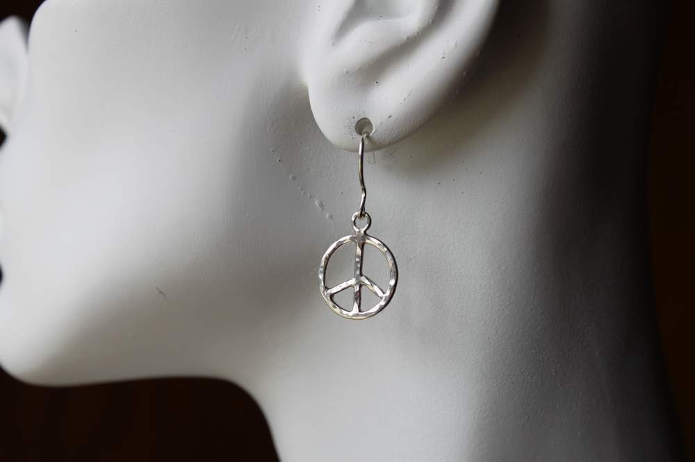 Sterling Peace sign Earrings, Hammered Silver, Dangles, Handmade