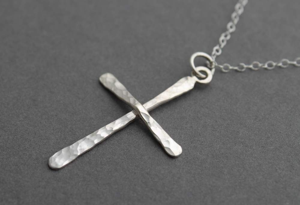 Sterling Cross Necklace, Hammered Silver, Pendant