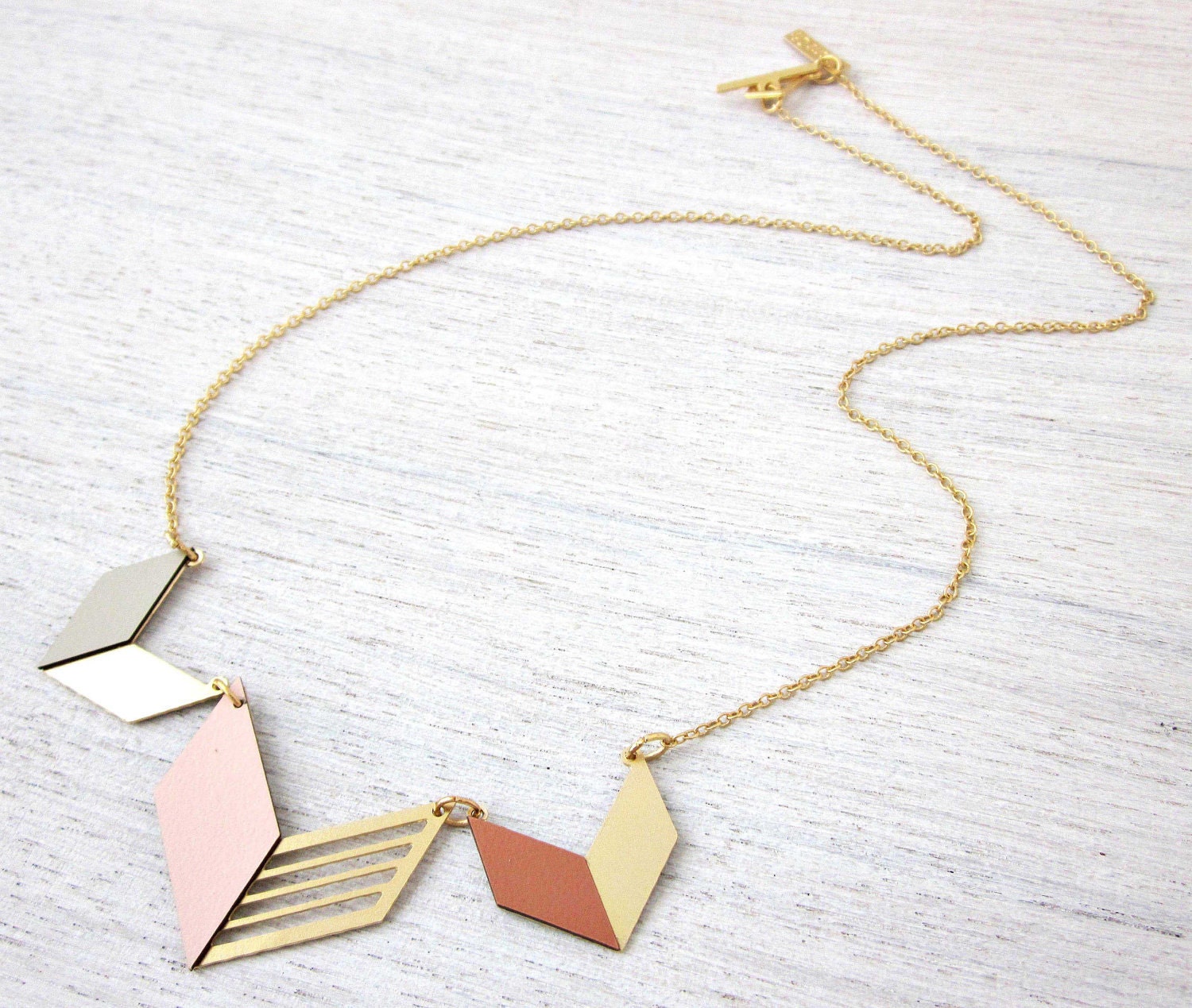 Formica Tribal Necklace, gold silver chevron pastels bib arrow jewelry