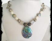 Abalone Shell Pendant, Mother of Pearl, Glass on Hand Dyed Silk