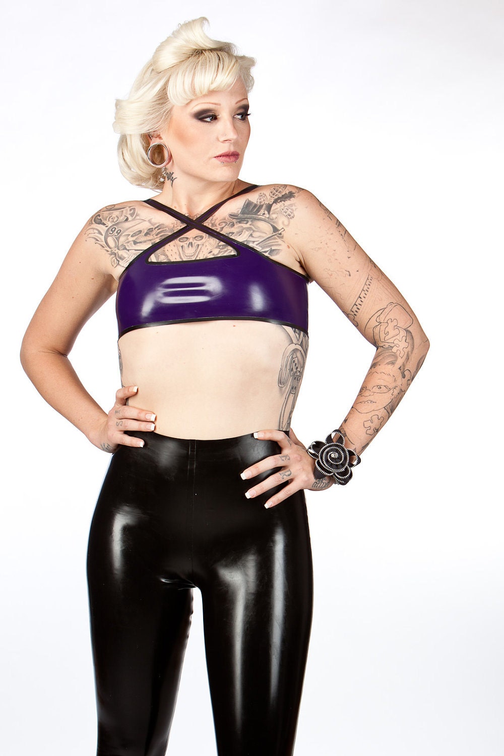 Adala Latex Purple Cross Front Bra Top Pewter Trim Size Small SAMPLE