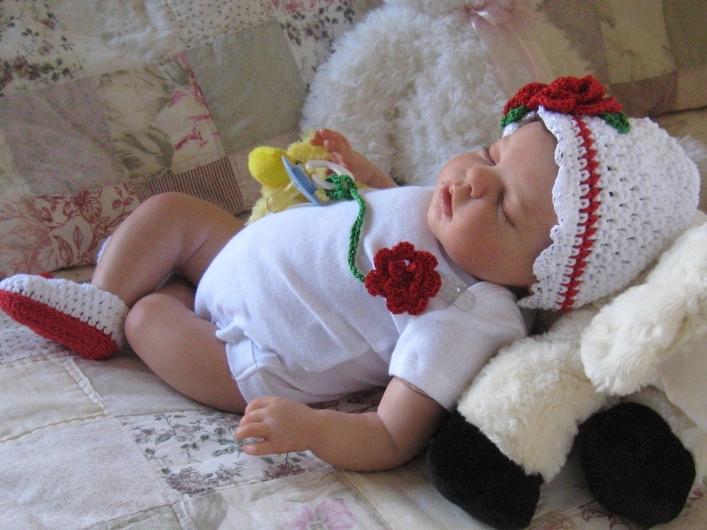 Newborn Baby Hat, Booties, and Pacifier Clip Set in Red, Green and White Cotton