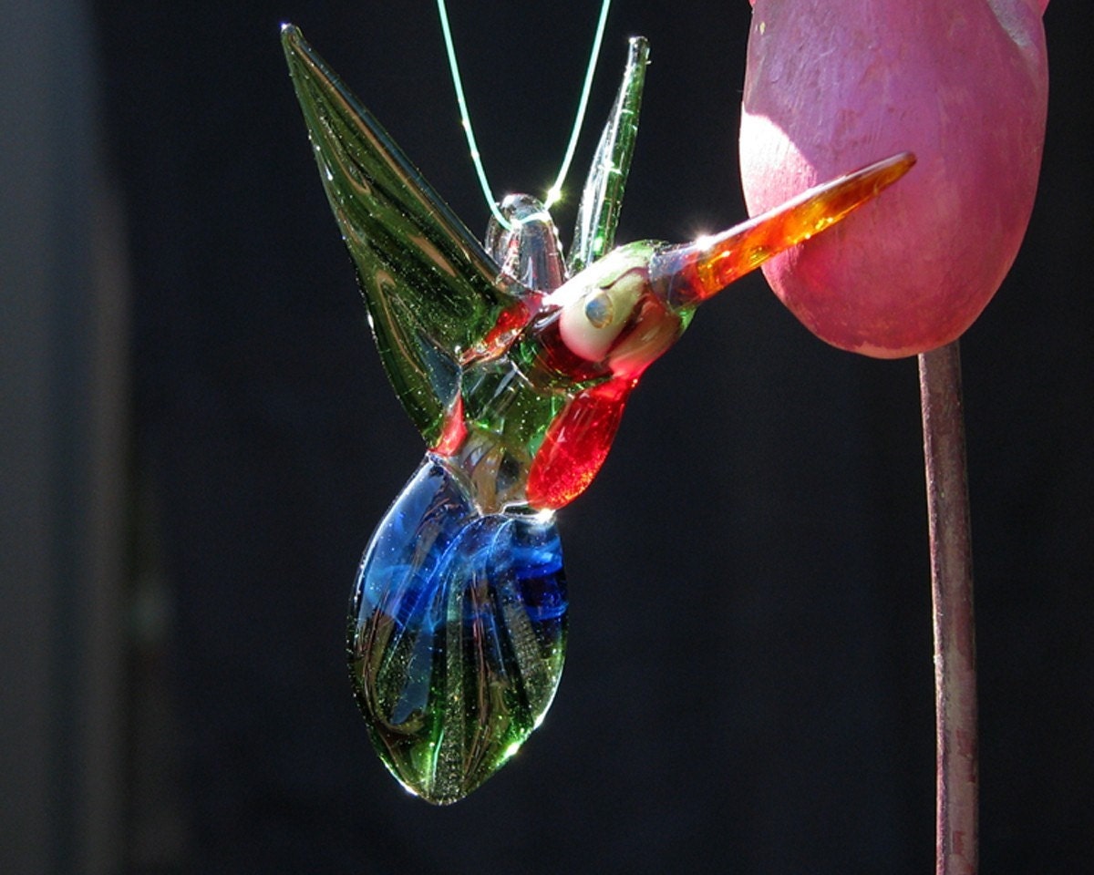 Green Boro Glass Hummingbird, life size, Pyrex glass