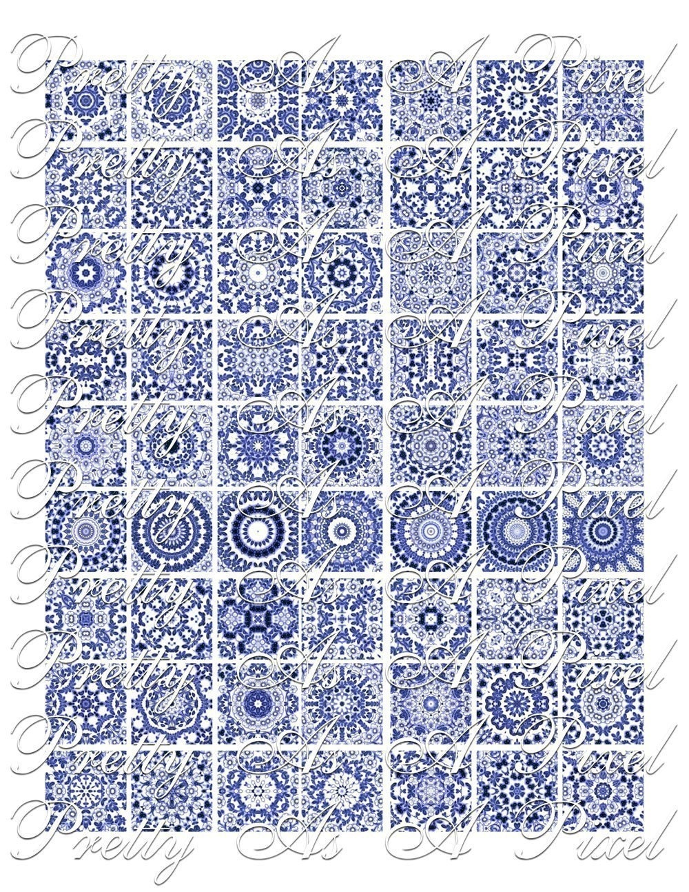 Blue and White Chintzware Tiles - Inchies, 7-8 inch, or scrabble tile size .75 x .83 inch - Digital Collage Sheet