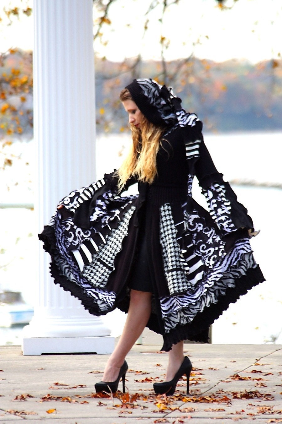 Custom Recycled Black and White Sweater Coat with a Medieval Liripipe Hood and Bell Sleeves by SnugglePants- Jour et Nuit