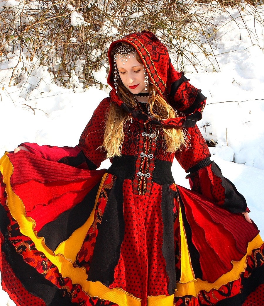Recycled Norwegian Sweater Coat with a Medieval Liripipe Hood and Bell Sleeves by SnugglePants- Upcycled- RESERVED