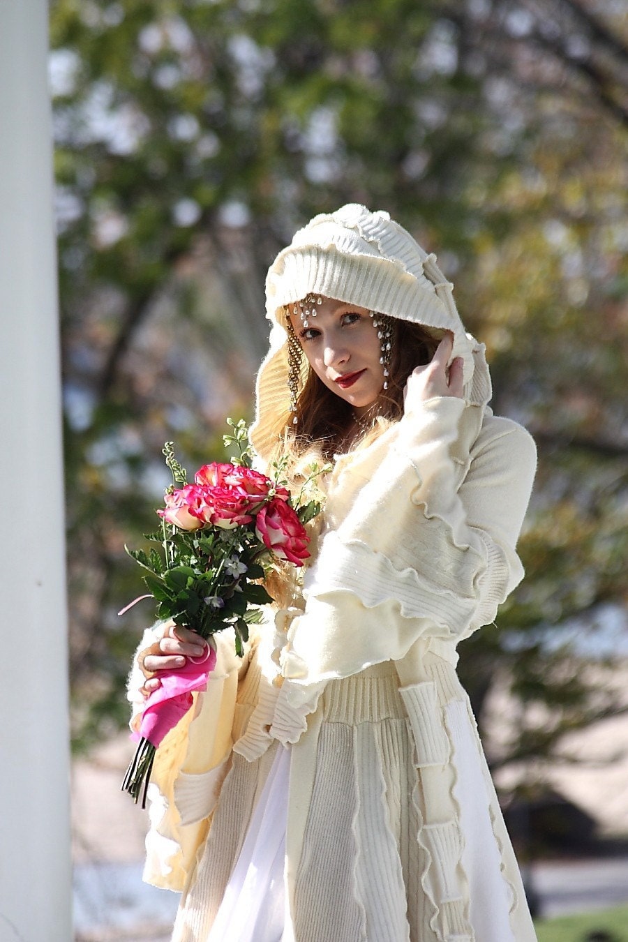 Custom Couture Bridal Wedding Coat- Upcycled Sweater Coat with a Medieval Liripipe Hood and Bell Sleeves by SnugglePants