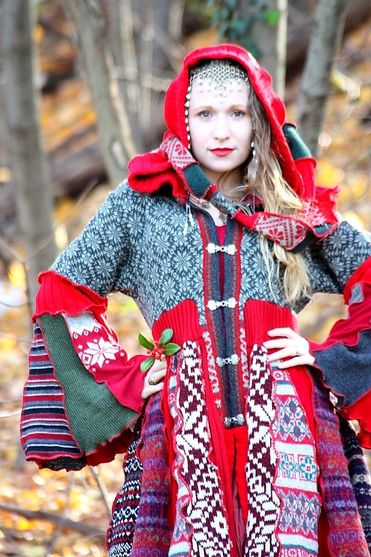 Lussinatten- Upcycled Norwegian Sweater Coat with a Medieval Liripipe Hood and Bell Sleeves by SnugglePants- RESERVED