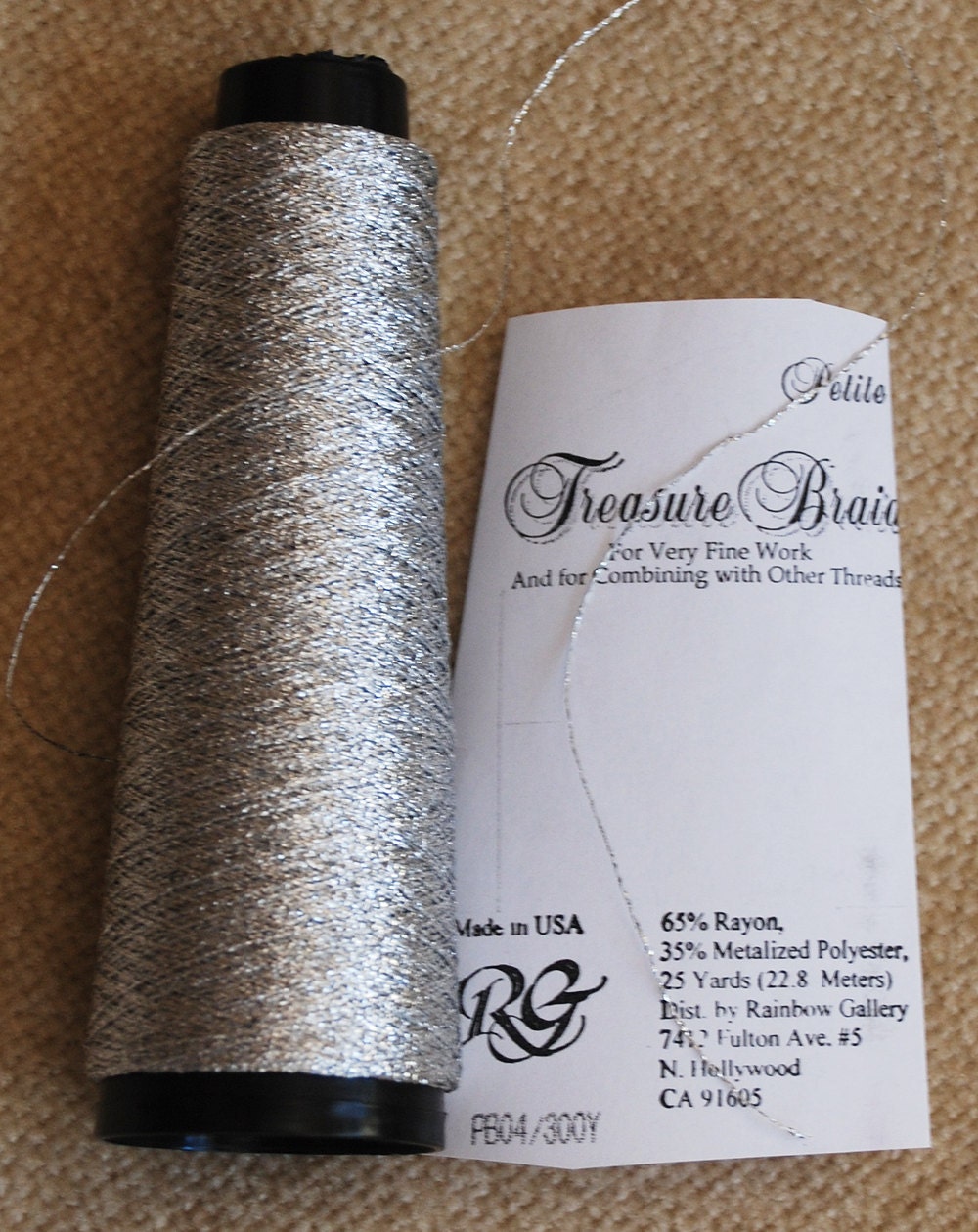 Silver Metallic Thread - 300 YARD spool of Treasure Braid Petite by Rainbow Gallery Color - PB04 (SILVER)