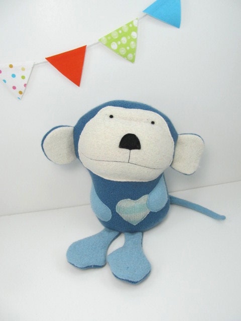 Pudgy Monkey - Handmade Toy, Wool, Children, Doll, Plush, Monkey, Blue