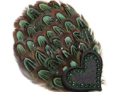 SUPER SALE Green Feather Hair Clip Black Heart Satin Swarovski Pin Up Hair Clip Burlesque Rockabilly