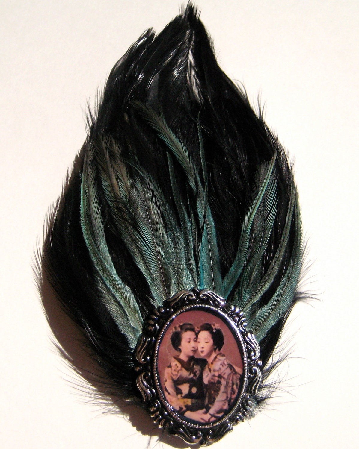 Feather Hair Clip Black Feathers Emu Teal Feathers Geisha Girl Rockabilly Goth Pin Up Japanese