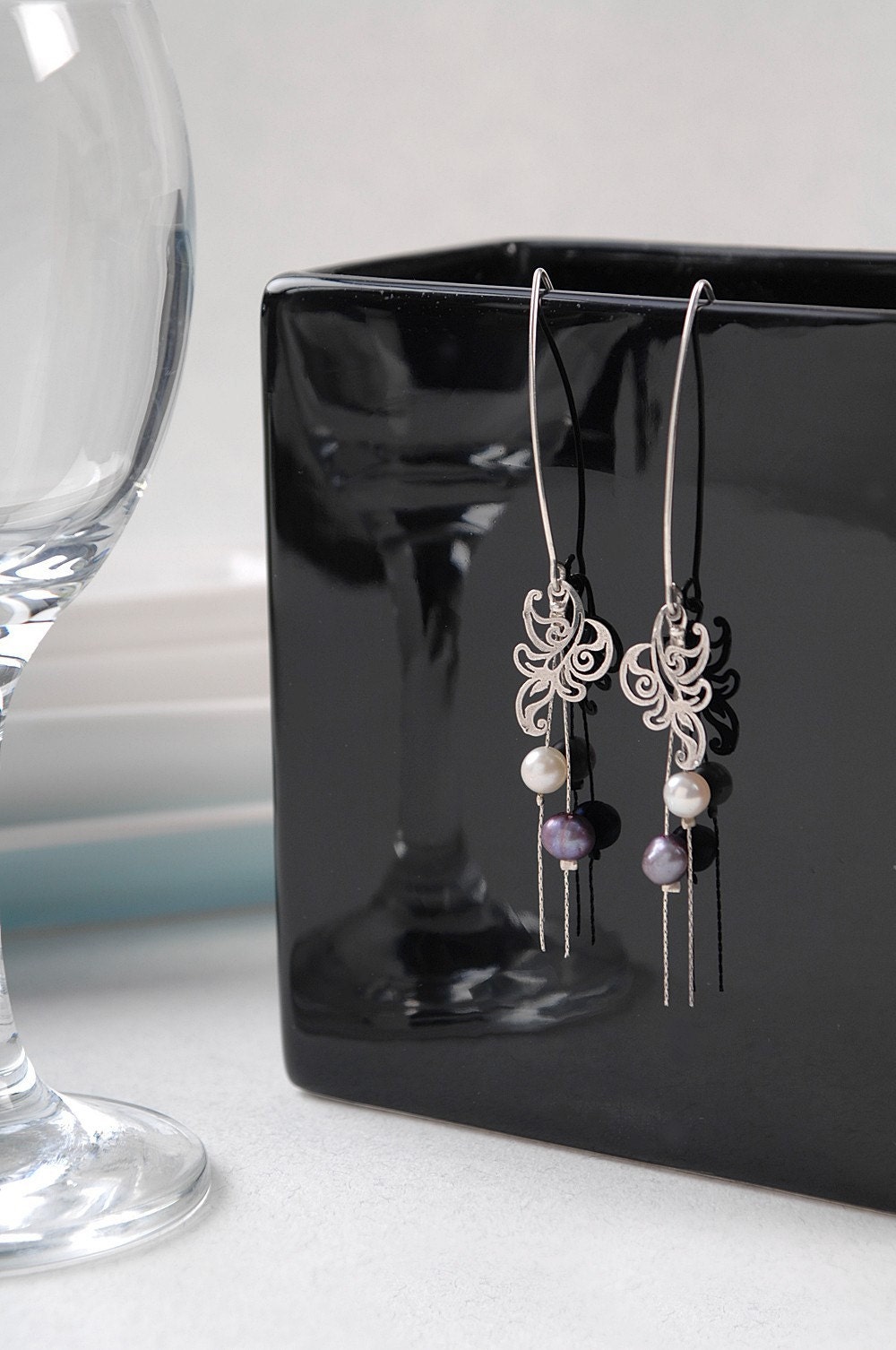 Silver Earrings With Pearls and a Unique Silver Leaf 