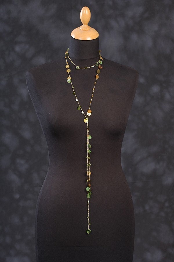 Crochet Lariat with Beads - Long Open-Ended Lariat Crocheted Necklace - in Green, Orange and Gold