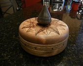 Hand Turned Oak Round Wood Box With Rose Engine Work and Woodburning