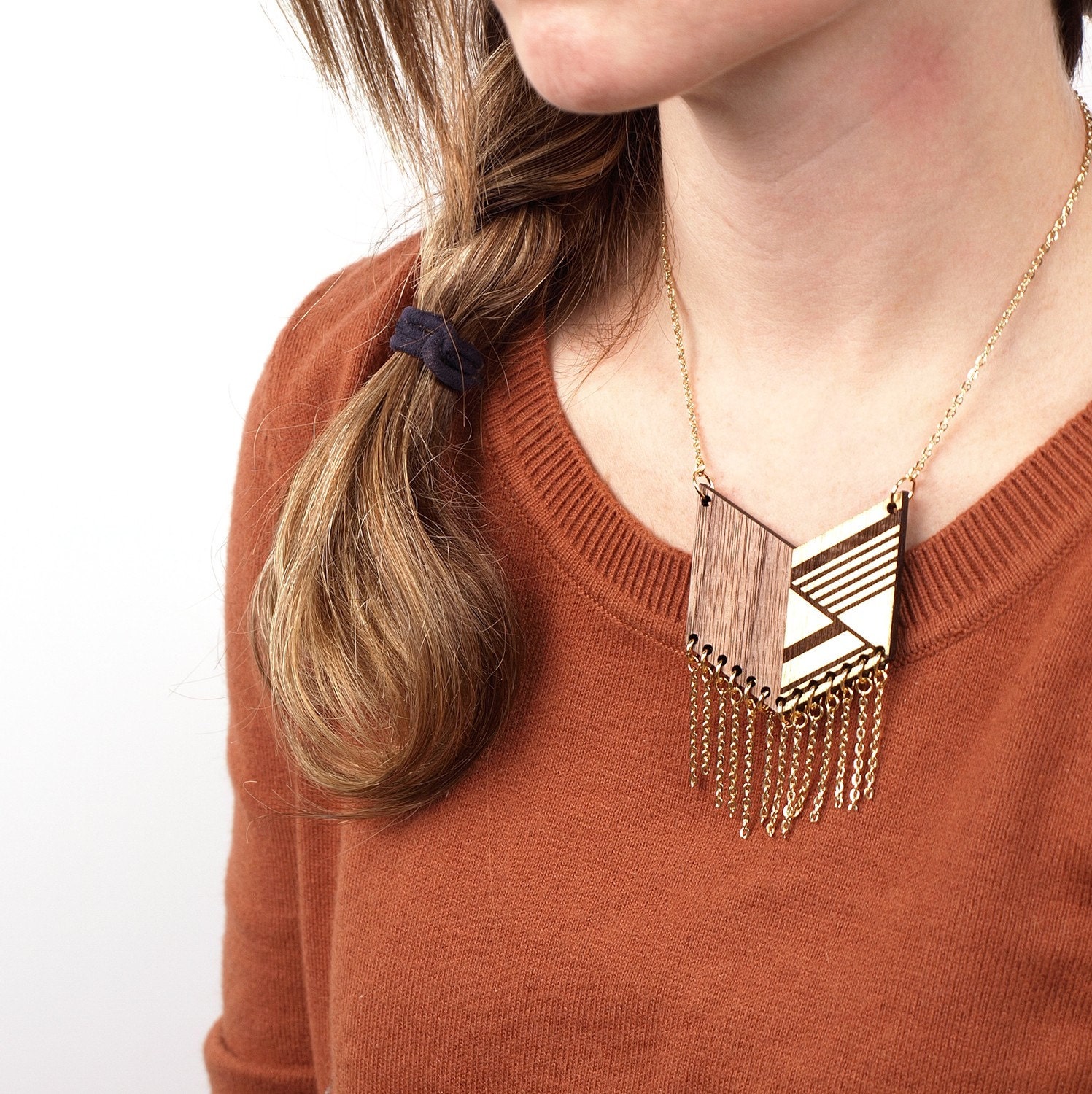 MEXI - Laser cut walnut fringe necklace, gold