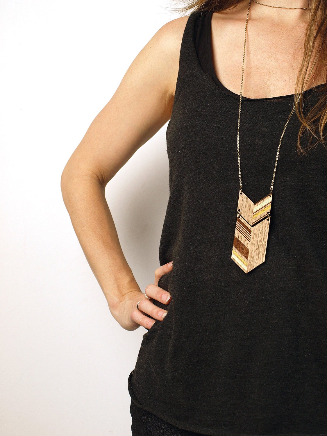 NEW length and color  COLO - Laser cut, walnut necklace, gold & cream 30"