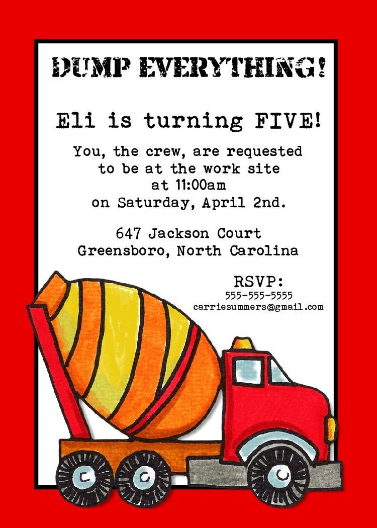 Dump Truck Birthday Party Invitation -- 5x7 Digital File