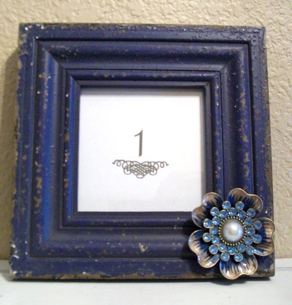 Set of 10 Wedding Table Numbers-Signage-Shabby Chic Picture Frames-Vintage Jewelery Accent-Cobalt Blue-Navy Blue-Wedding Chalkboards