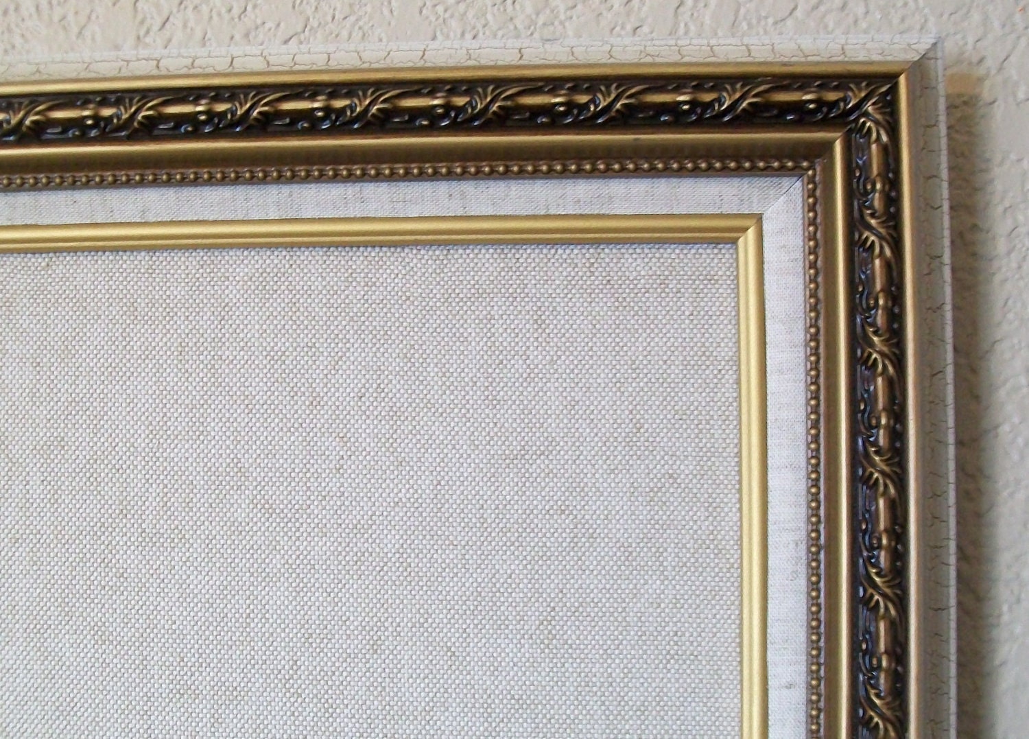 FRAMED BULLETIN BOARD-Cork Board-Memo Board-Message Board-Jewelry Board-Baroque Ornate Vintage Frame Ivory & Gold- Linen Fabric-For Home