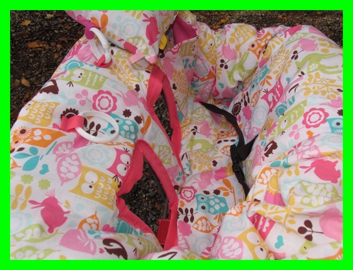 Shopping Cart cover, high chair cover, Michael Miller Forest Life in watermelon, forest owls and friends