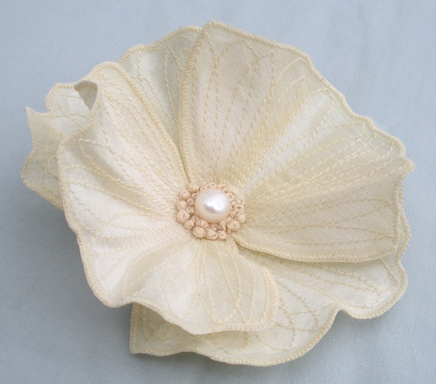 Cream Icelandic Poppy Flower Clip- Your Choice of Hair Clip or Brooch- Embroidered Silk Flower Fascinator- Cream with Cream Embroidery