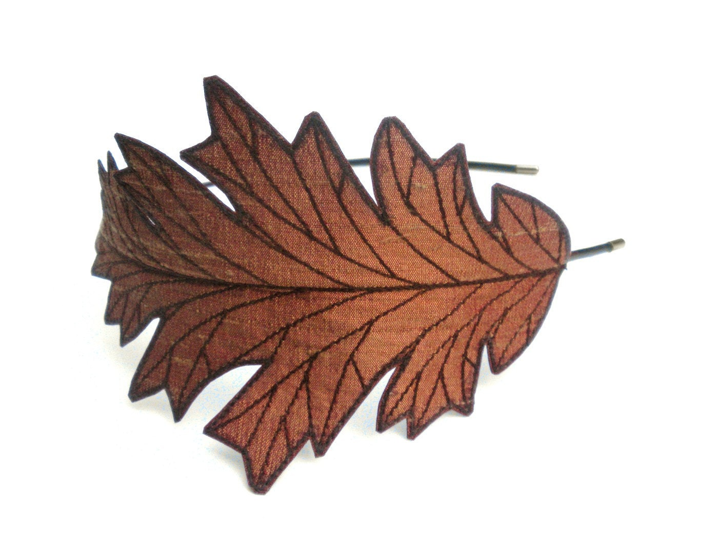 Oak Leaf Headband- Unique Embroidered Silk Fabric Leaf Headband- Cinnamon Spice with Auburn / Reddish Brown Embroidery - TheFaerieMarket