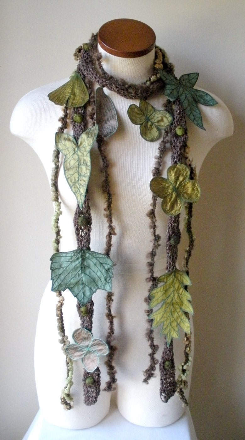 Long and Leafy Scarf- Brown with Green Berries