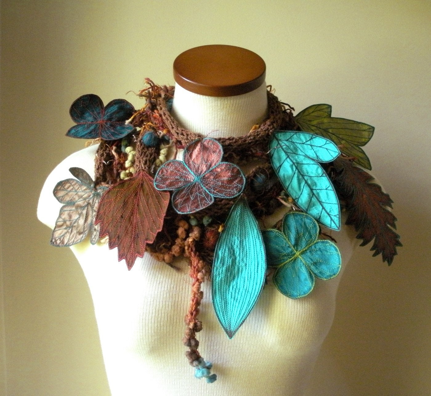 Sienna Brown and Teal Long and Leafy Scarf- Leaf Scarf- Wearable Fiber Art- Sienna with Teal, Sap Green, and Rust Berries