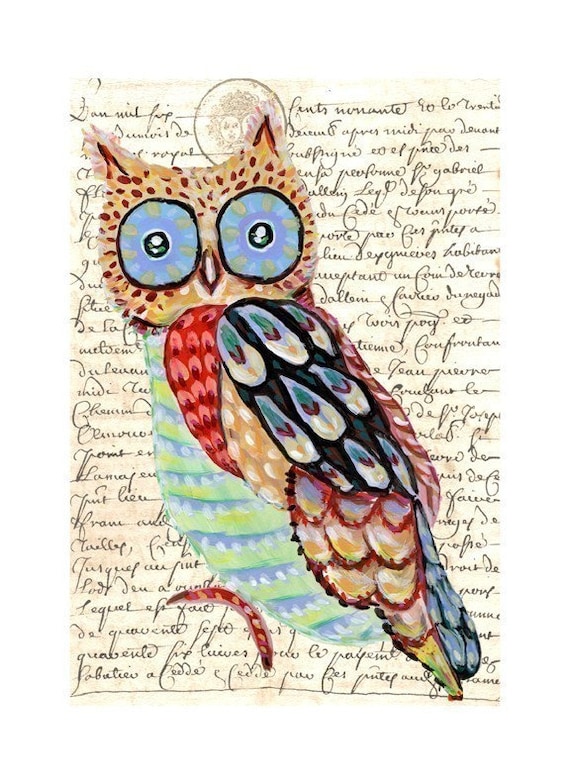 Whimsical Owl Painting art collage print SALE Everything is 25% OFF
