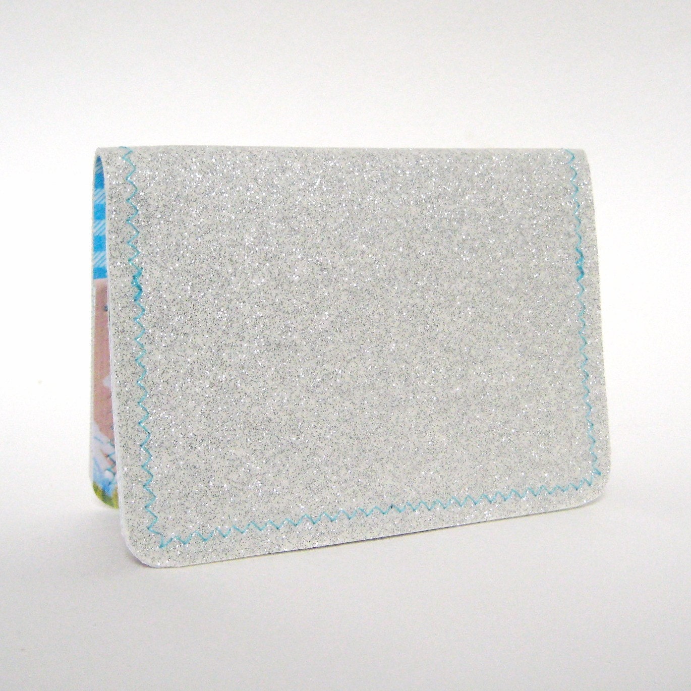 Vinyl Mini Wallet / Card Holder in white silver sparkle vinyl / peach butterfly floral and turquoise mini gingham oilcloth